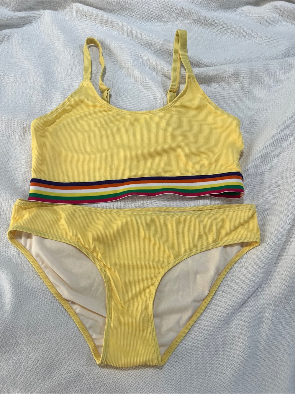 Bobbie Brooks Yellow Ribbed Two-Piece Bikini with Rainbow Band